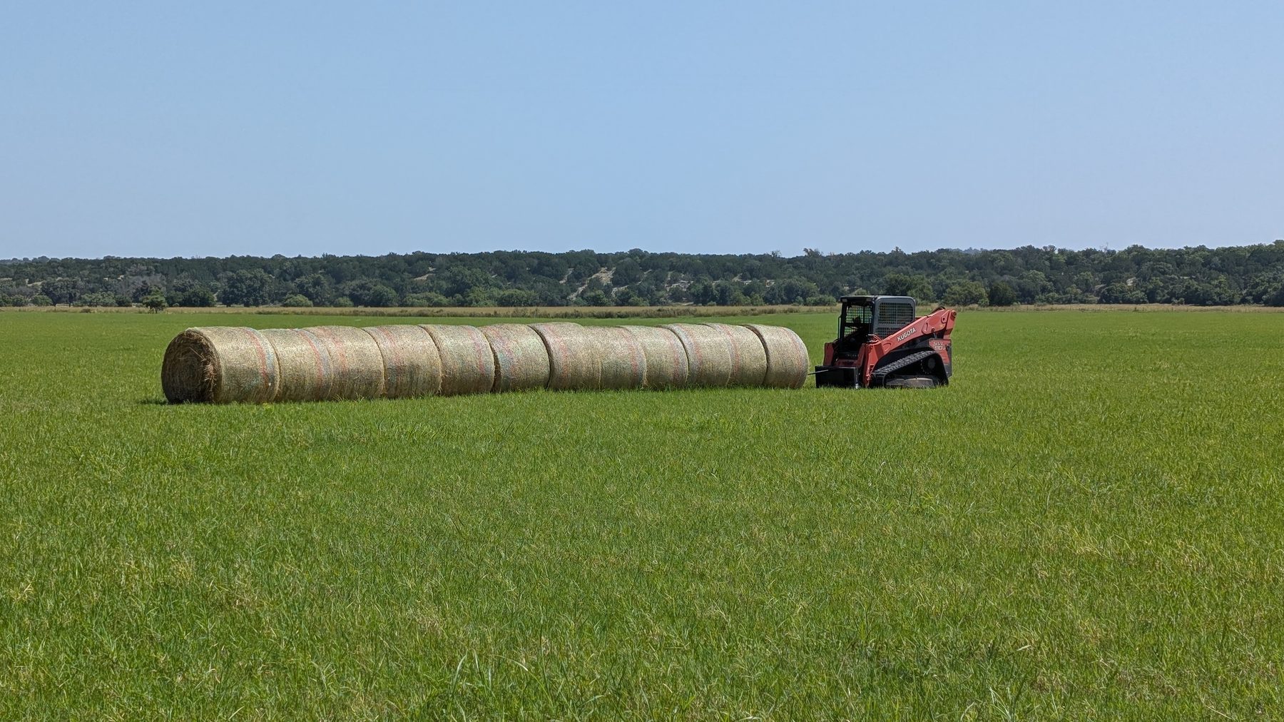 A row of round Tifton 85 bales on the meadow with the skid steer behind and the tree line beyond
